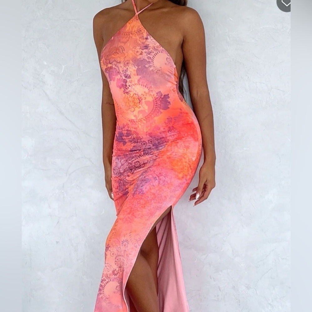 White Fox Boutique Pink and Orange Backless Halter Maxi Dress
